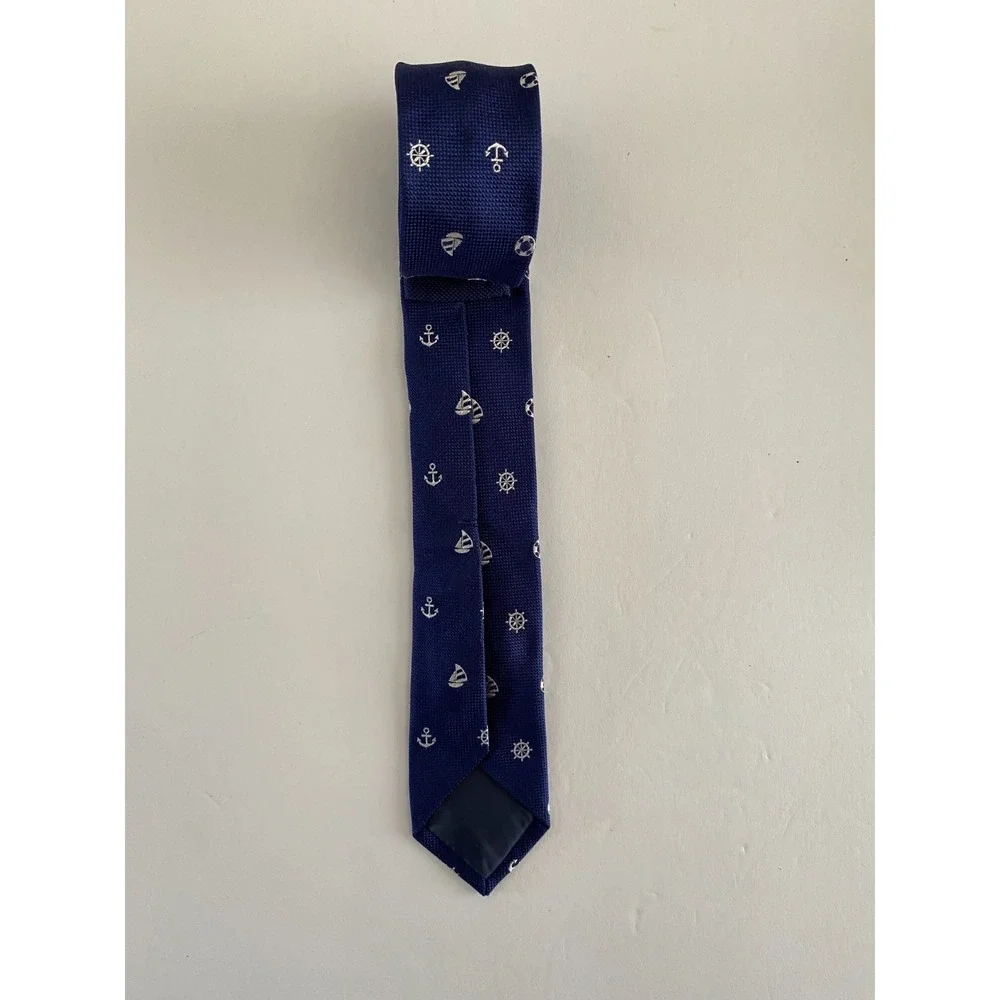 Zara Man Skinny Tie Blue Nautical Anchor Sailboat Wheel Italian Fabric #61
